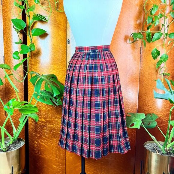 NWT DEADSTOCK 1970’s 70s Vintage Red Wool Plaid Pleated Fringe Kilt Skirt Xs 24w - Picture 9 of 10